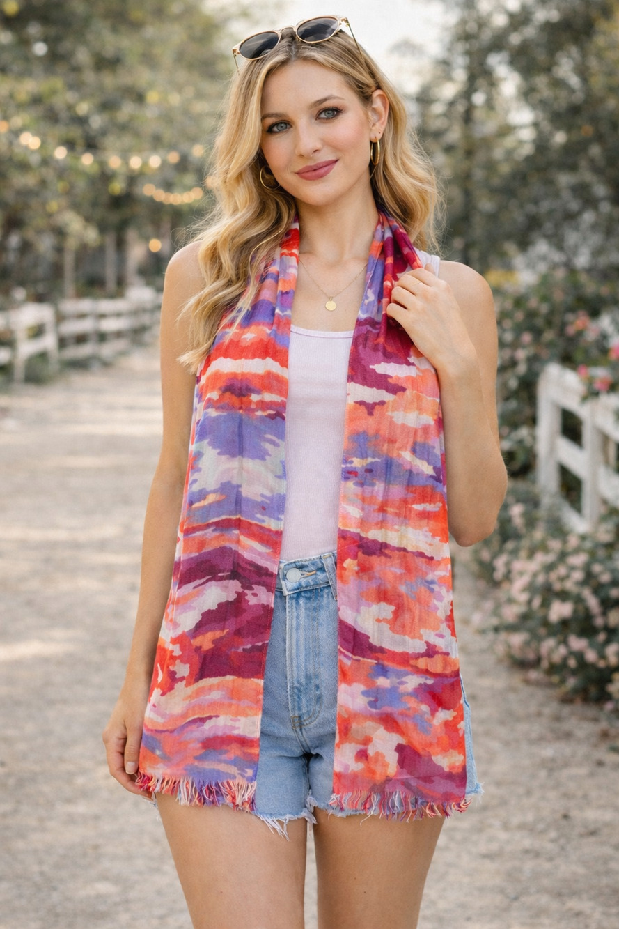 Collection Eighteen Abstract Print Scarf Pink Red Boho Cottagecore Wrap Shawl